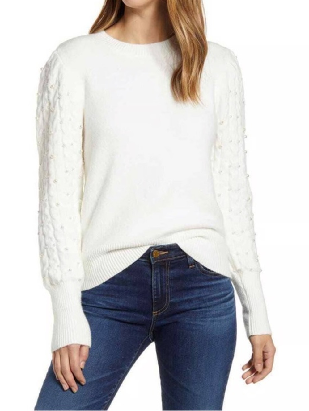 Rachel Parcell Cream Pearl-Embellished Crew Neck Sweater size XXL